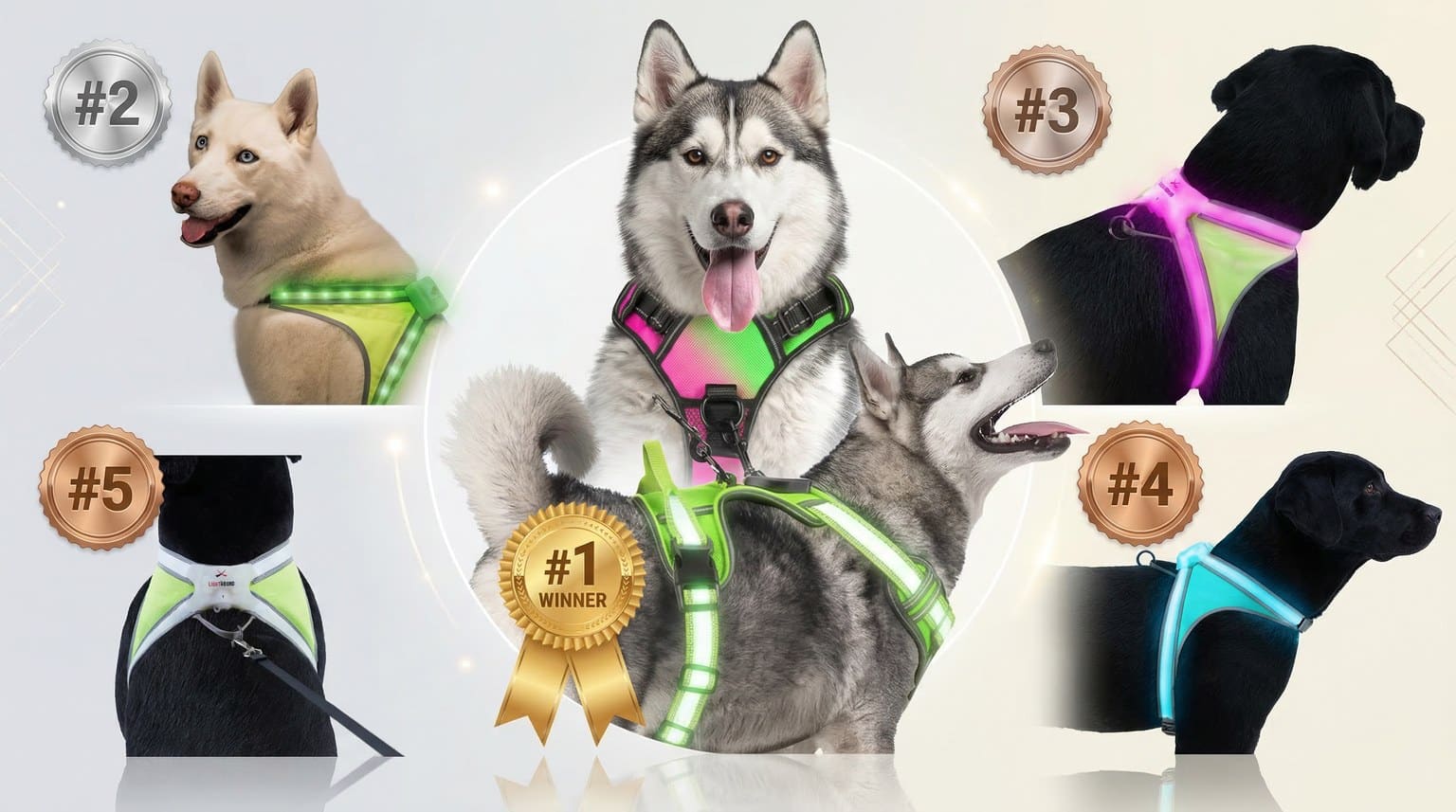 Five LED dog harnesses displayed on a dark background during nighttime visibility testing