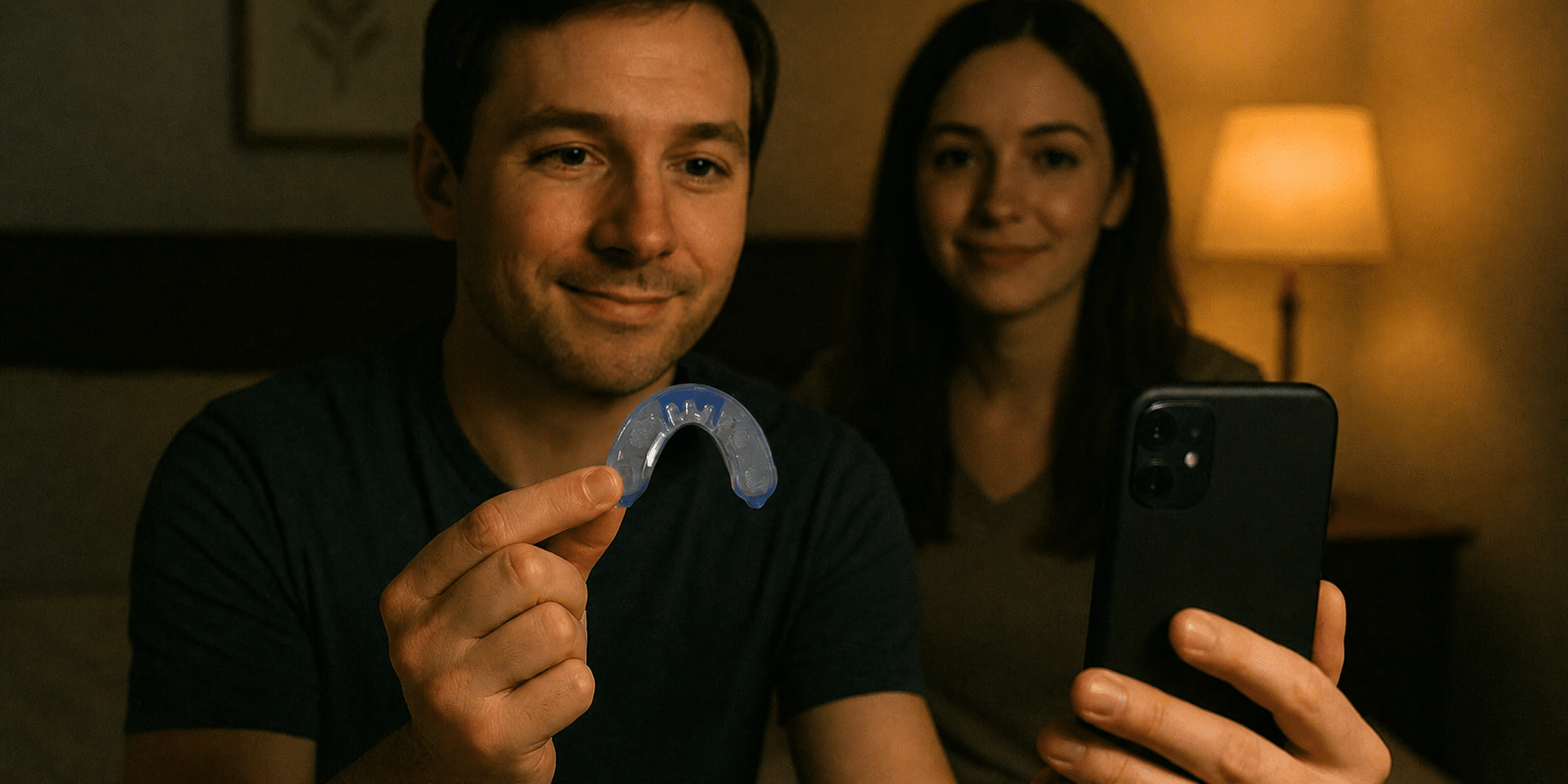 Couple viewing a phone while holding a QuietLab anti-snoring mouthpiece