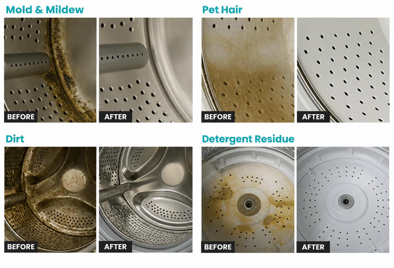 Before and after comparison panels for mold and mildew, pet hair, dirt and detergent residue