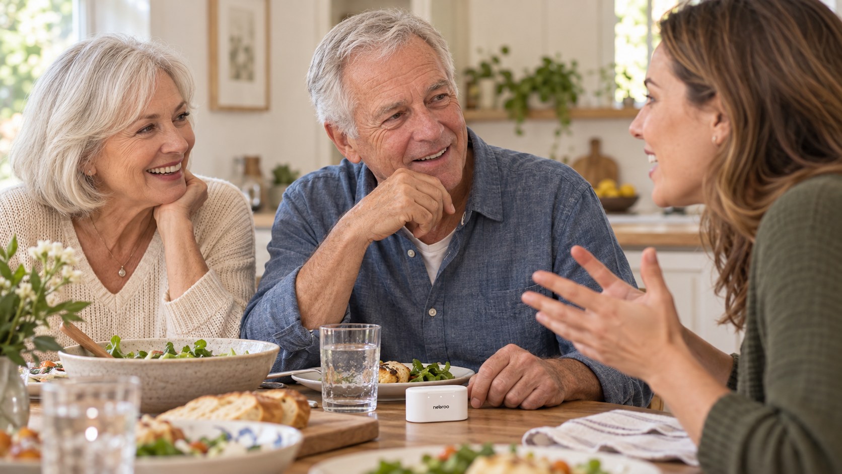 An older couple listening to their daughter during a family lunch; illustrative scene
