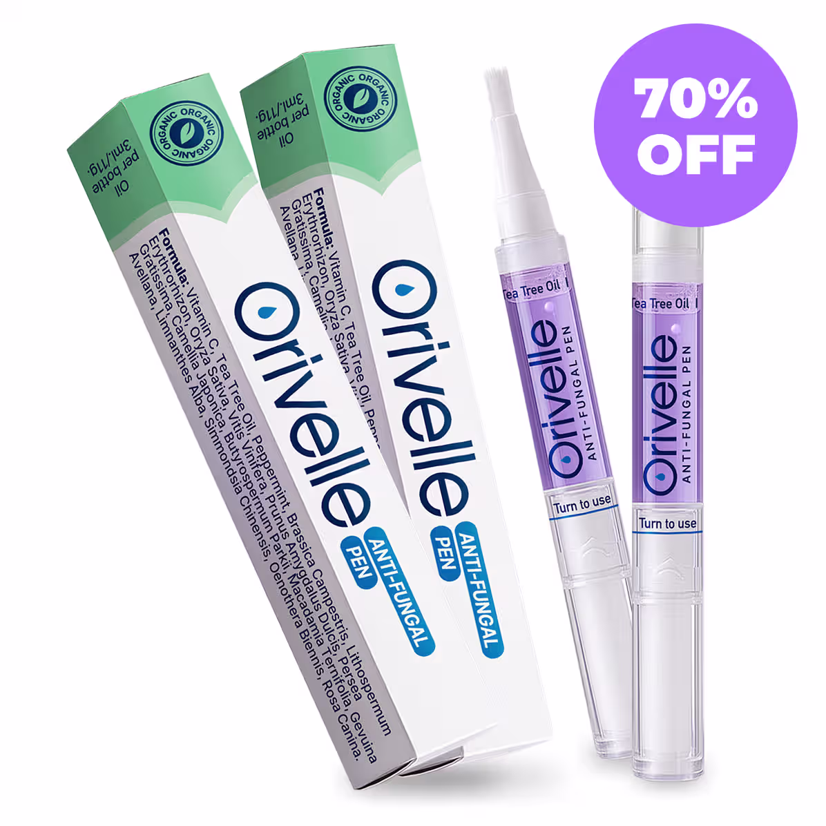 Two Orivelle boxes and two pens with a 70% OFF badge