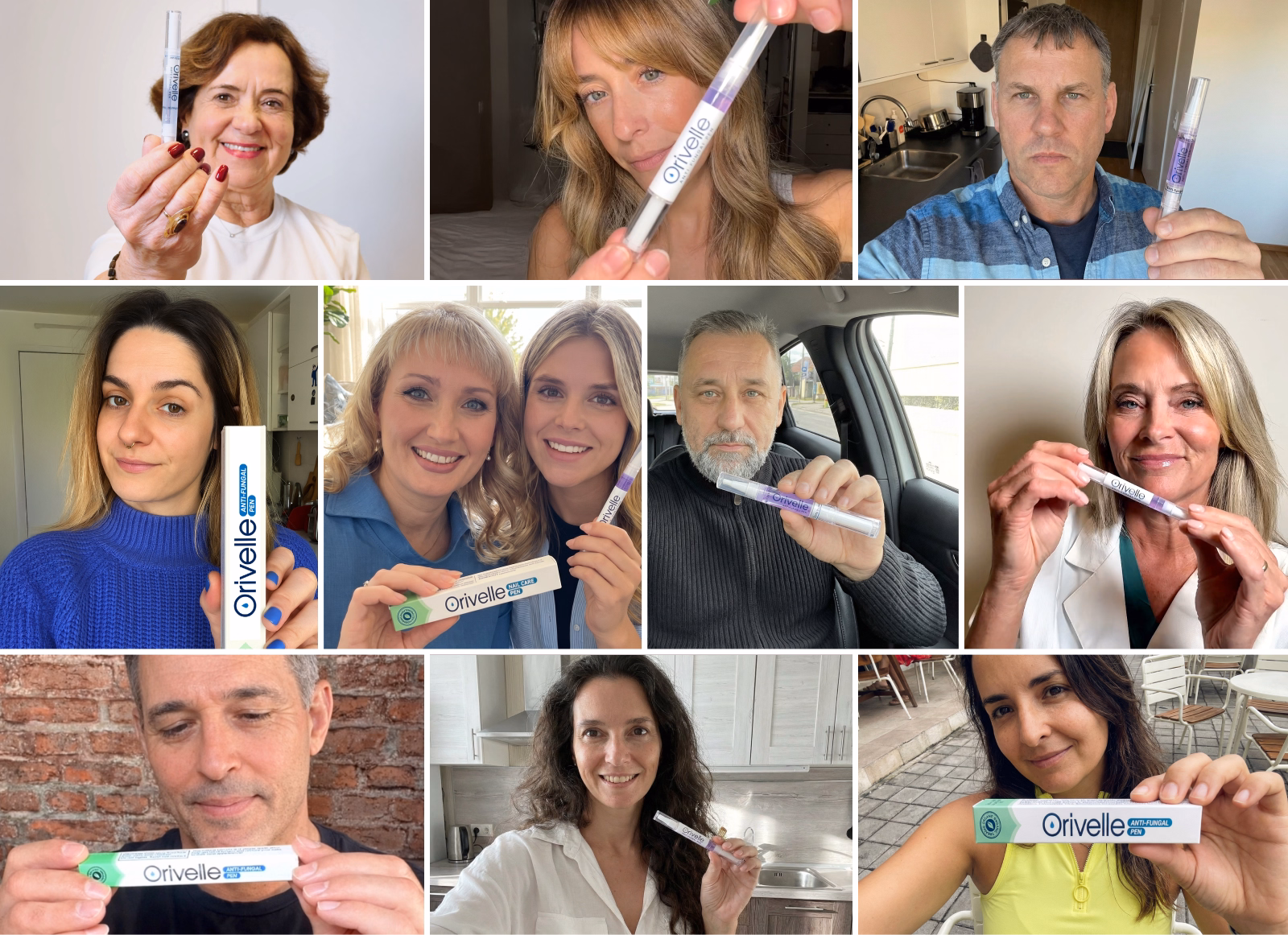 Ten-panel collage of people holding Orivelle pens or packaging