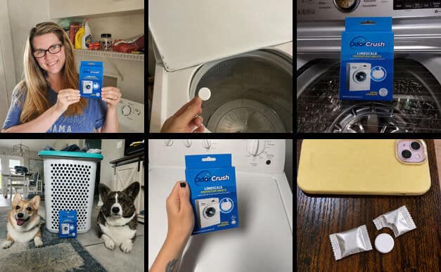OdorCrush photo collage showing the product, a tablet and home laundry use